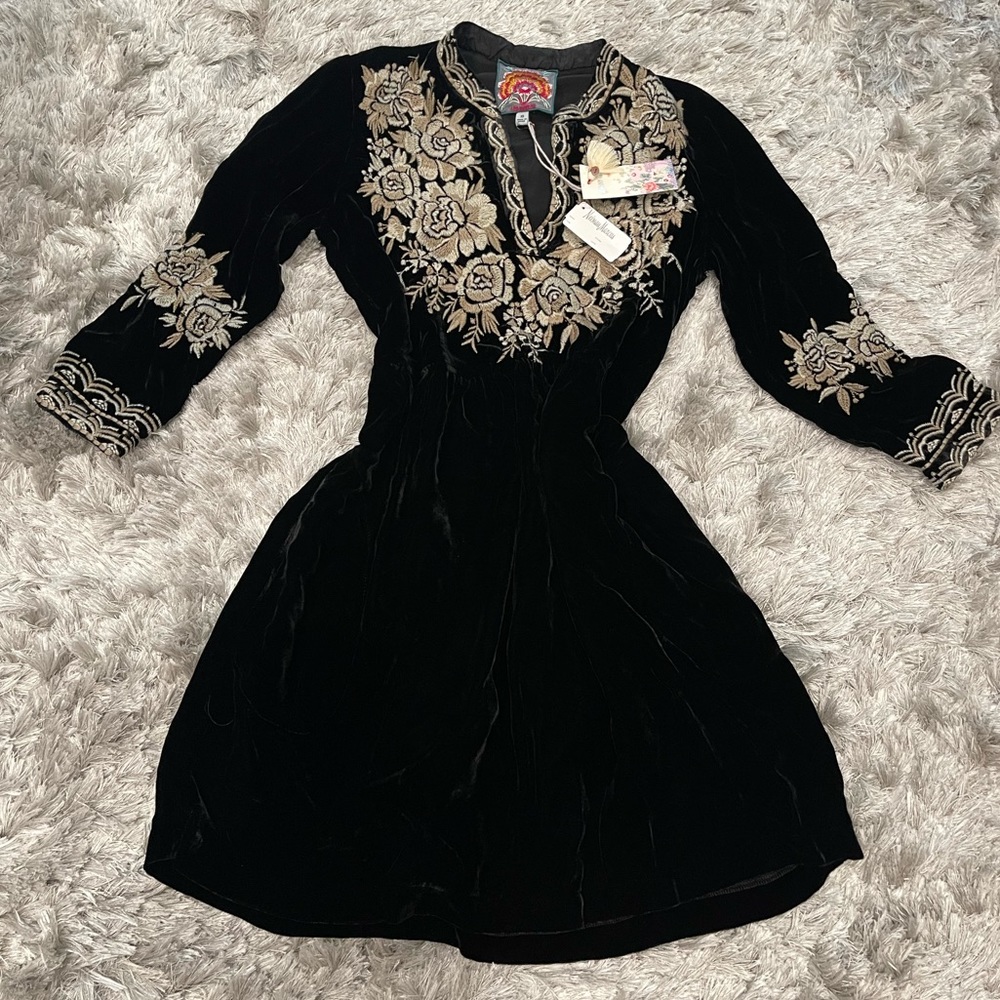 JOHNNY WAS Black Velvet Henley Boho Dress - NWT - sz XS